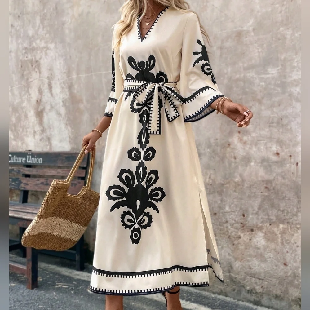 Women's Casual Printed Square Neckline Summer Dress - Picture 1 of 4